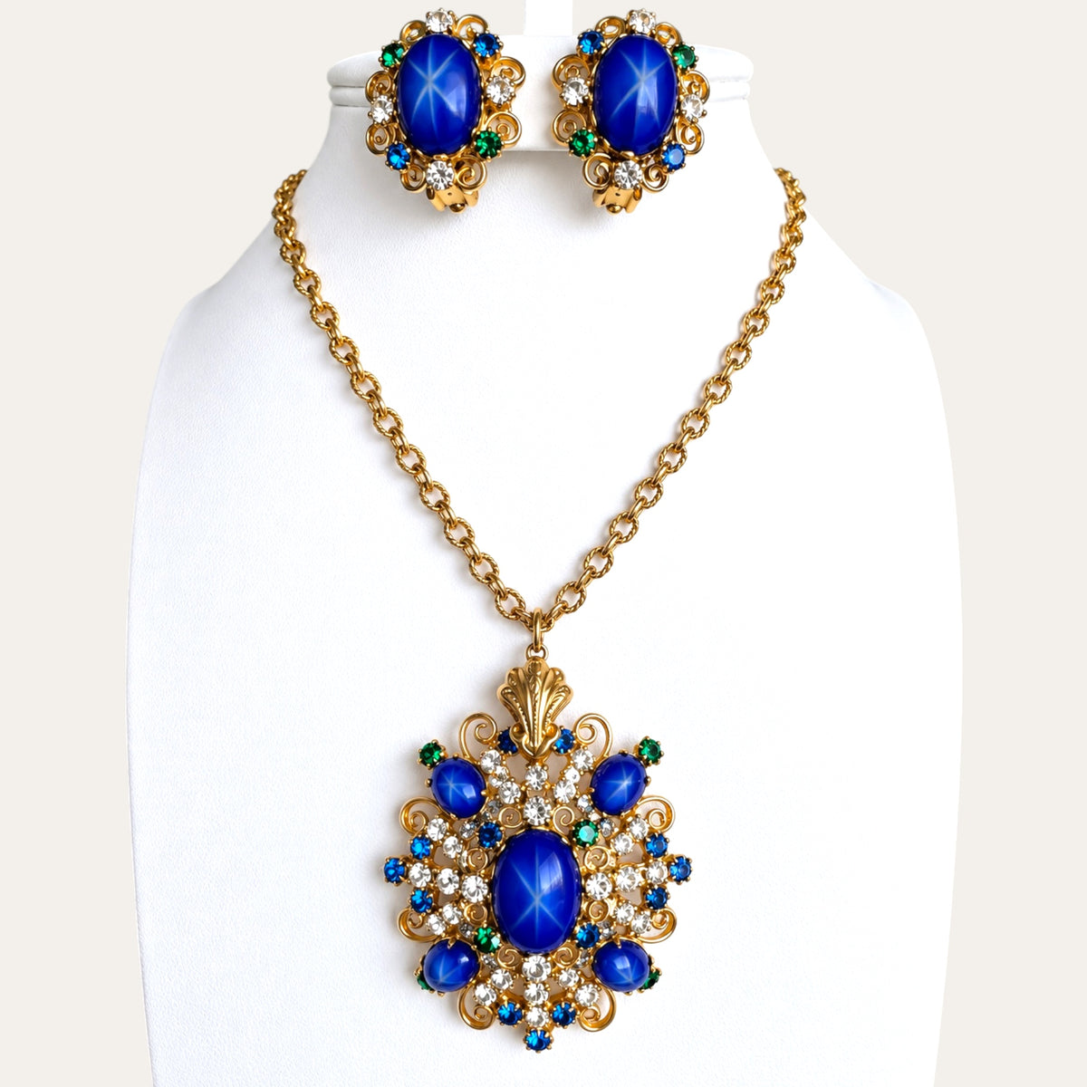 Vintage 1960s Star Sapphire Glass Necklace & Earrings Set – Blue, Emerald & Crystal Gold Filigree