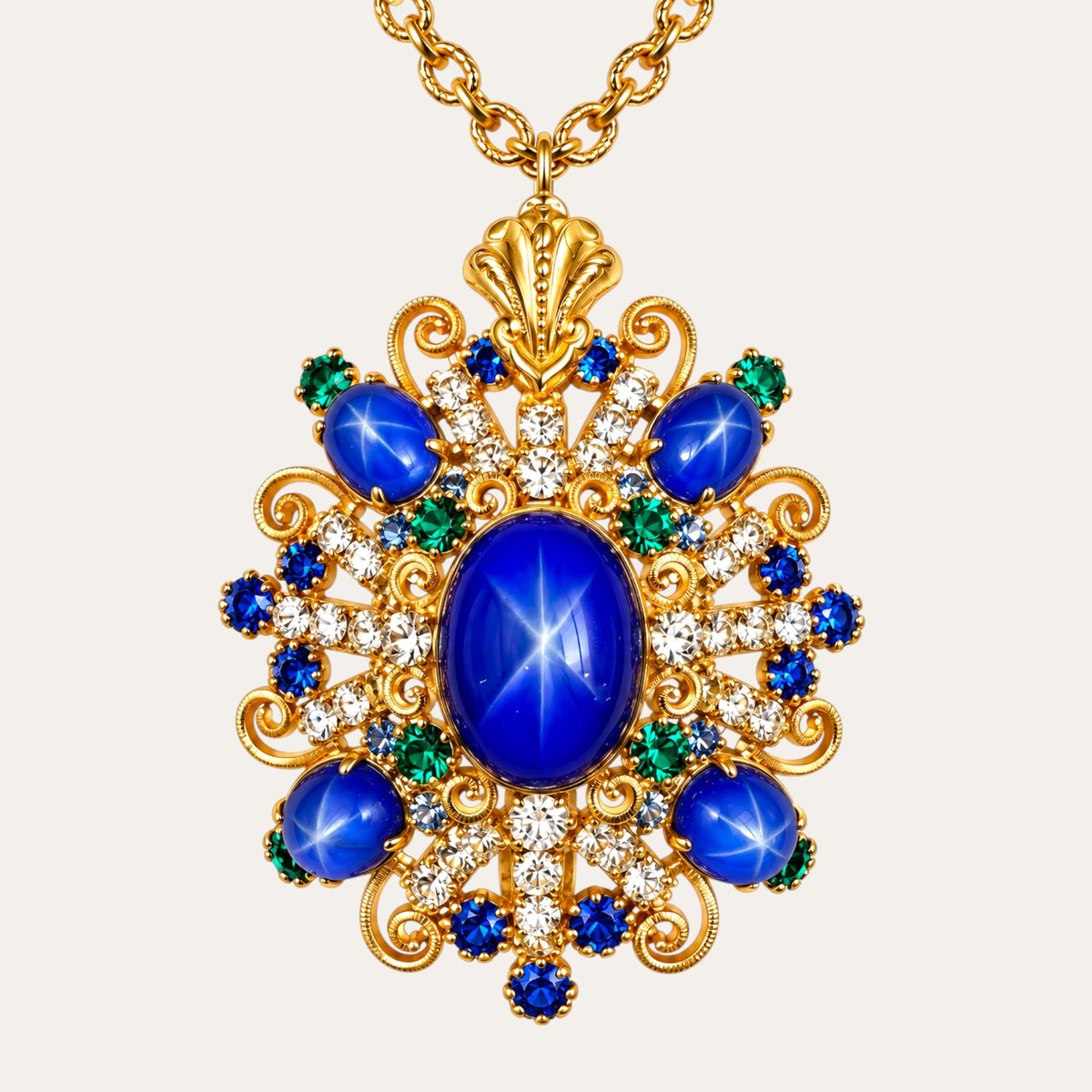 Vintage 1960s Star Sapphire Glass Necklace & Earrings Set – Blue, Emerald & Crystal Gold Filigree