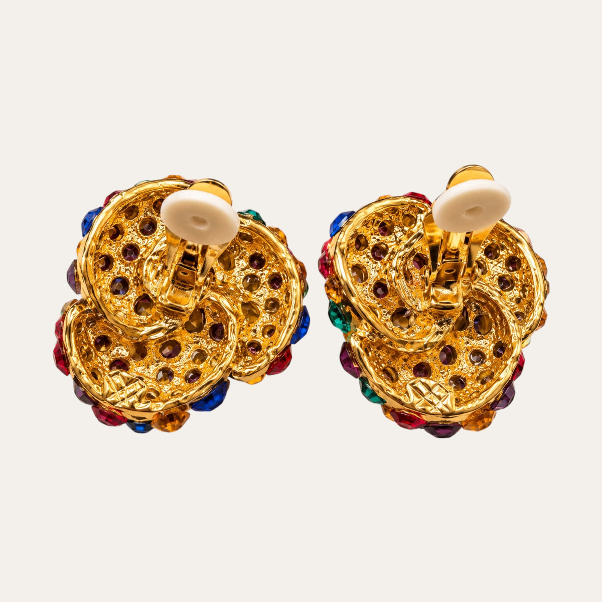 Vintage Jewel-Tone Glass Rhinestone Knot Clip-On Earrings