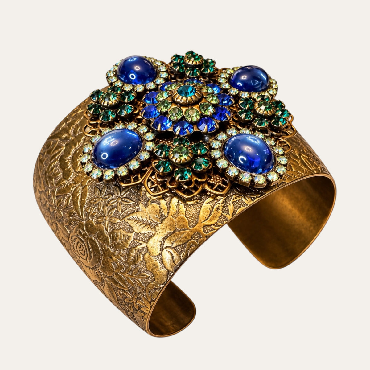Vintage Liz Palacios San Francisco Jeweled Floral Brass Cuff – Blue Glass & Rhinestones