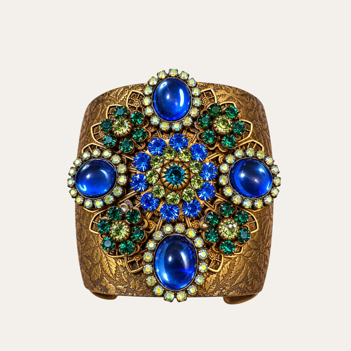 Vintage Liz Palacios San Francisco Jeweled Floral Brass Cuff – Blue Glass & Rhinestones