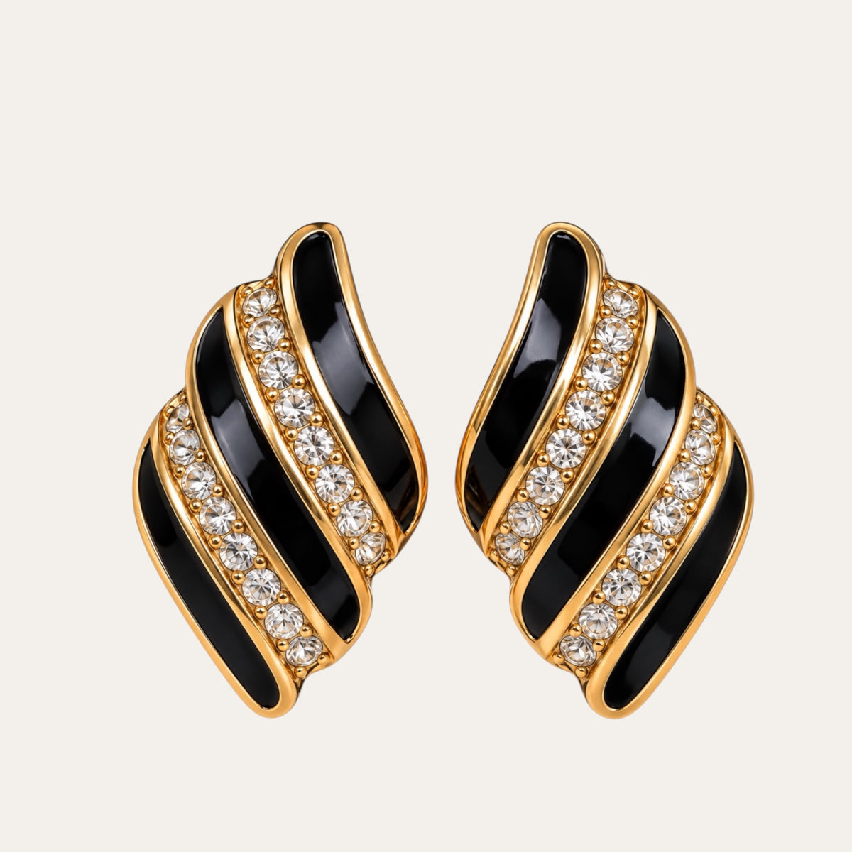 Vintage Christian Dior Black Enamel & Crystal Clip-On Earrings – Signed Gold-Tone Designer Jewelry