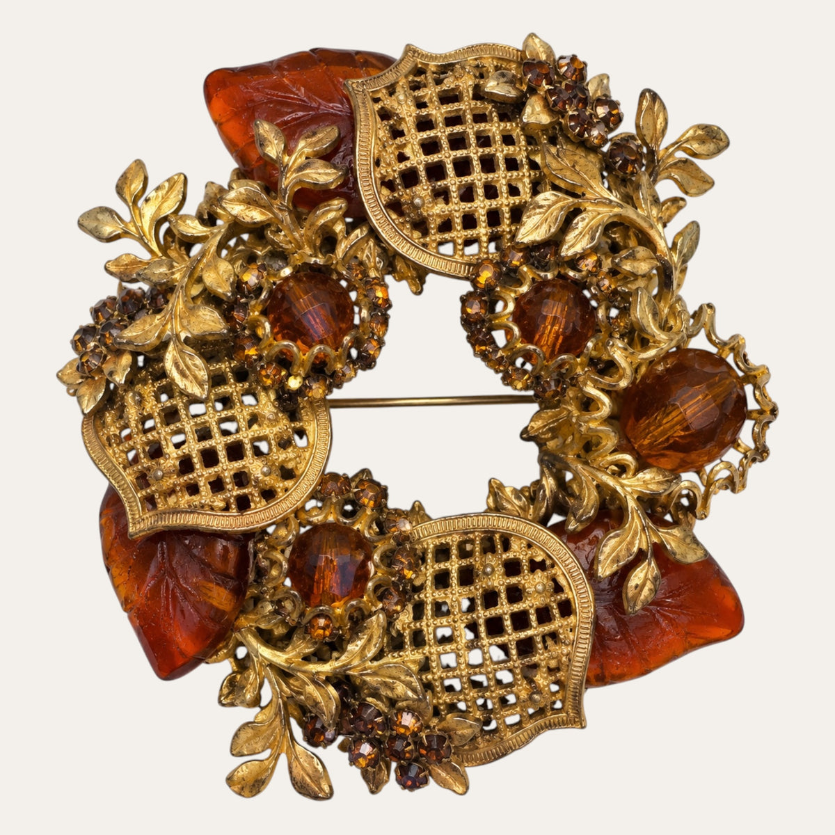 Miriam Haskell Amber Molded Glass & Gilt Filigree Wreath Brooch – Signed Vintage Jewelry
