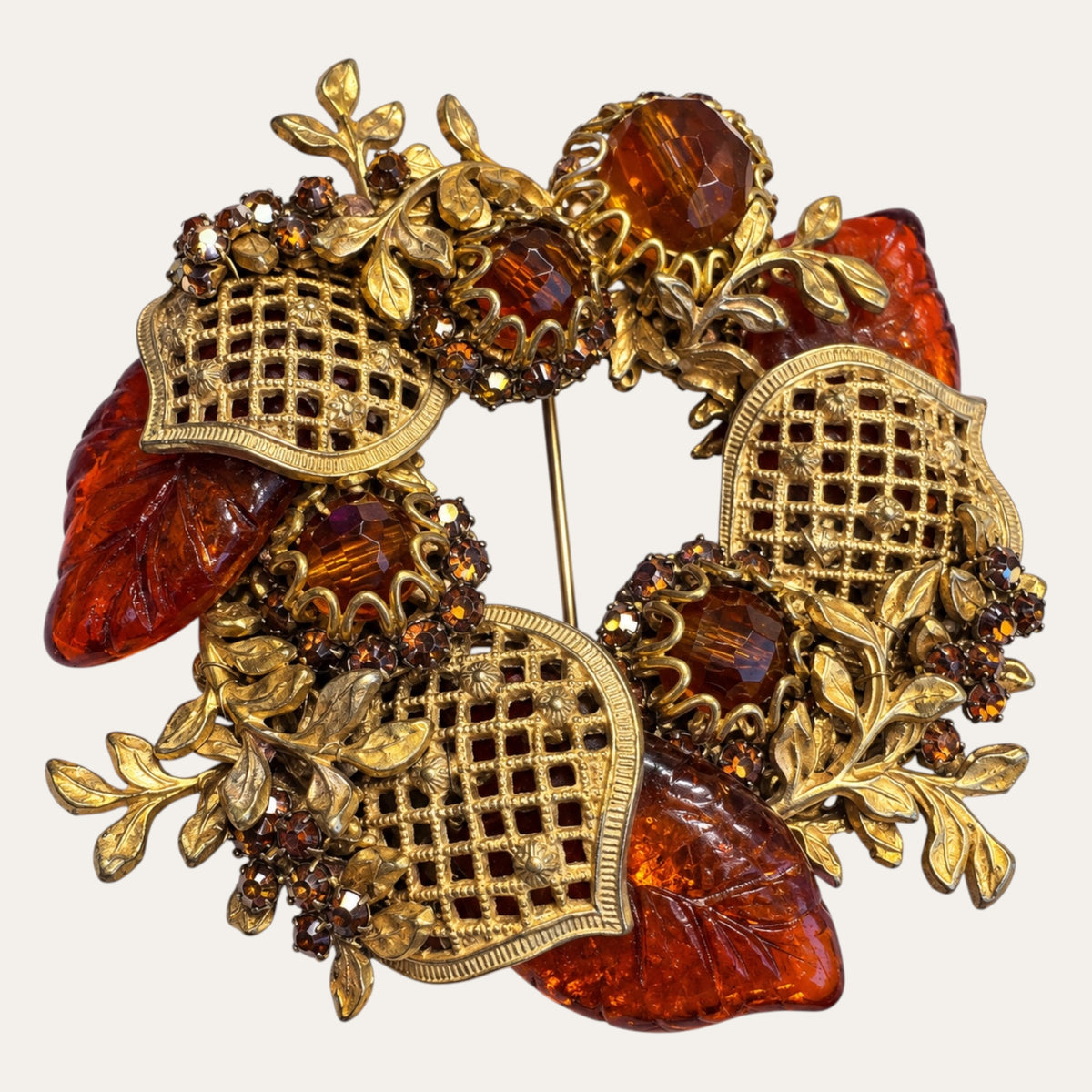Miriam Haskell Amber Molded Glass & Gilt Filigree Wreath Brooch – Signed Vintage Jewelry