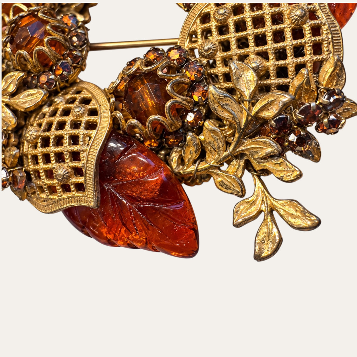 Miriam Haskell Amber Molded Glass & Gilt Filigree Wreath Brooch – Signed Vintage Jewelry