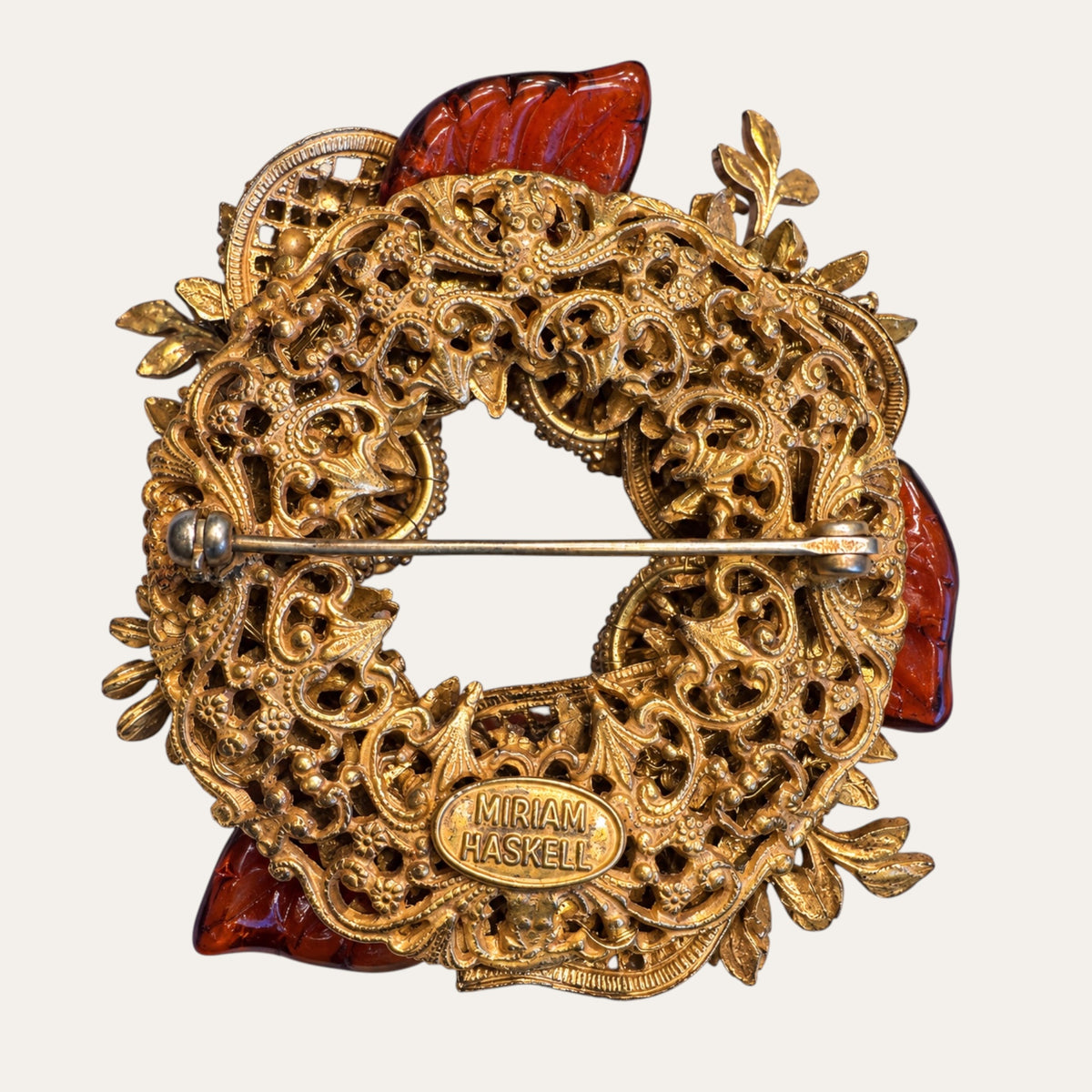 Miriam Haskell Amber Molded Glass & Gilt Filigree Wreath Brooch – Signed Vintage Jewelry