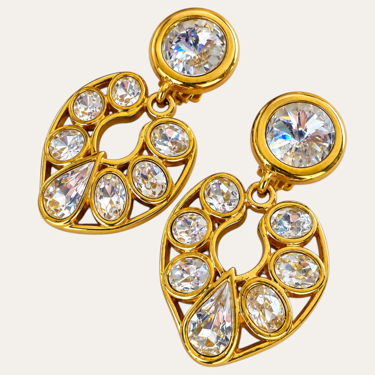 Vintage 1980s Clear Rhinestone Heart Door Knocker Clip-On Earrings