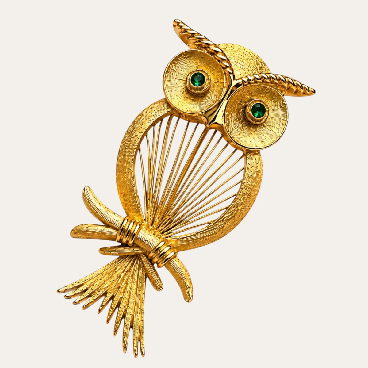 Rare 1961 Monet Spinneret Owl Brooch – Verified Book Piece, Emerald Green Glass Eyes