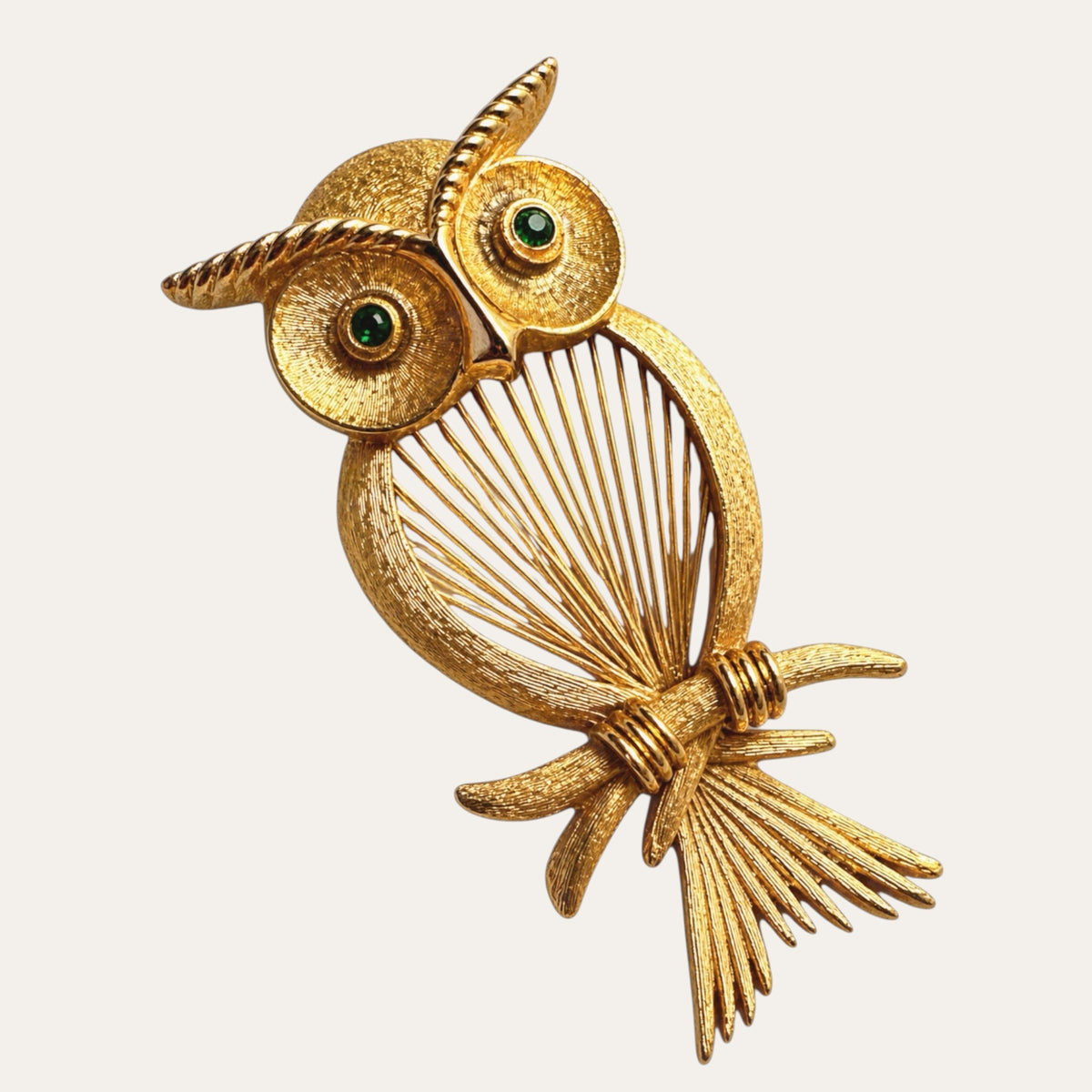 Rare 1961 Monet Spinneret Owl Brooch – Verified Book Piece, Emerald Green Glass Eyes