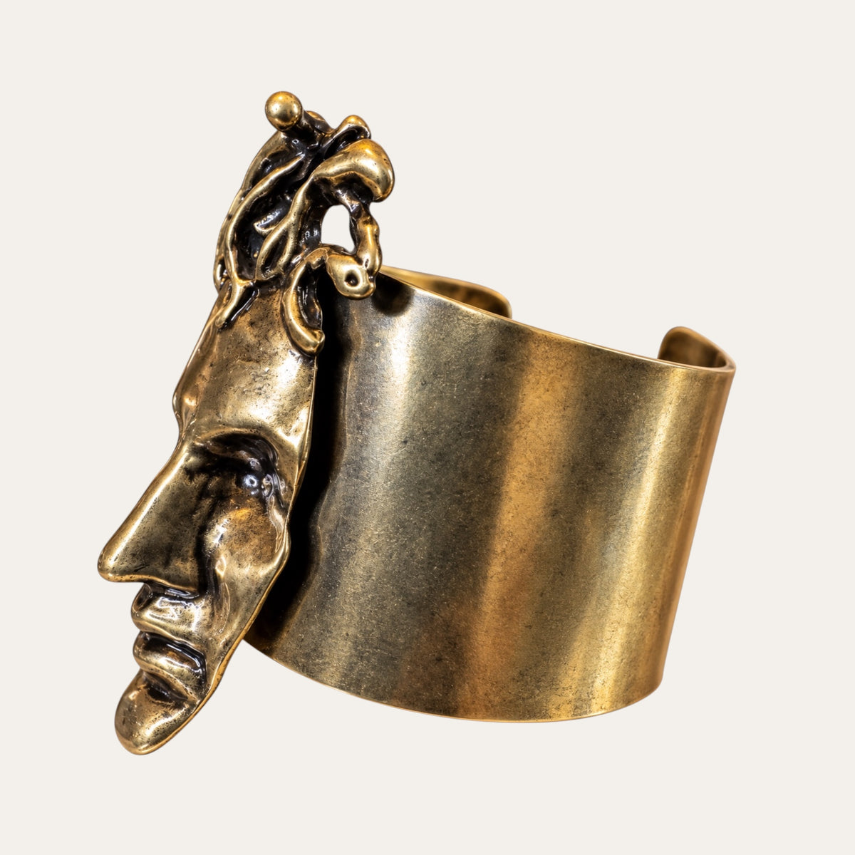 Vintage Sculptural Brass Face Statement Cuff Bracelet