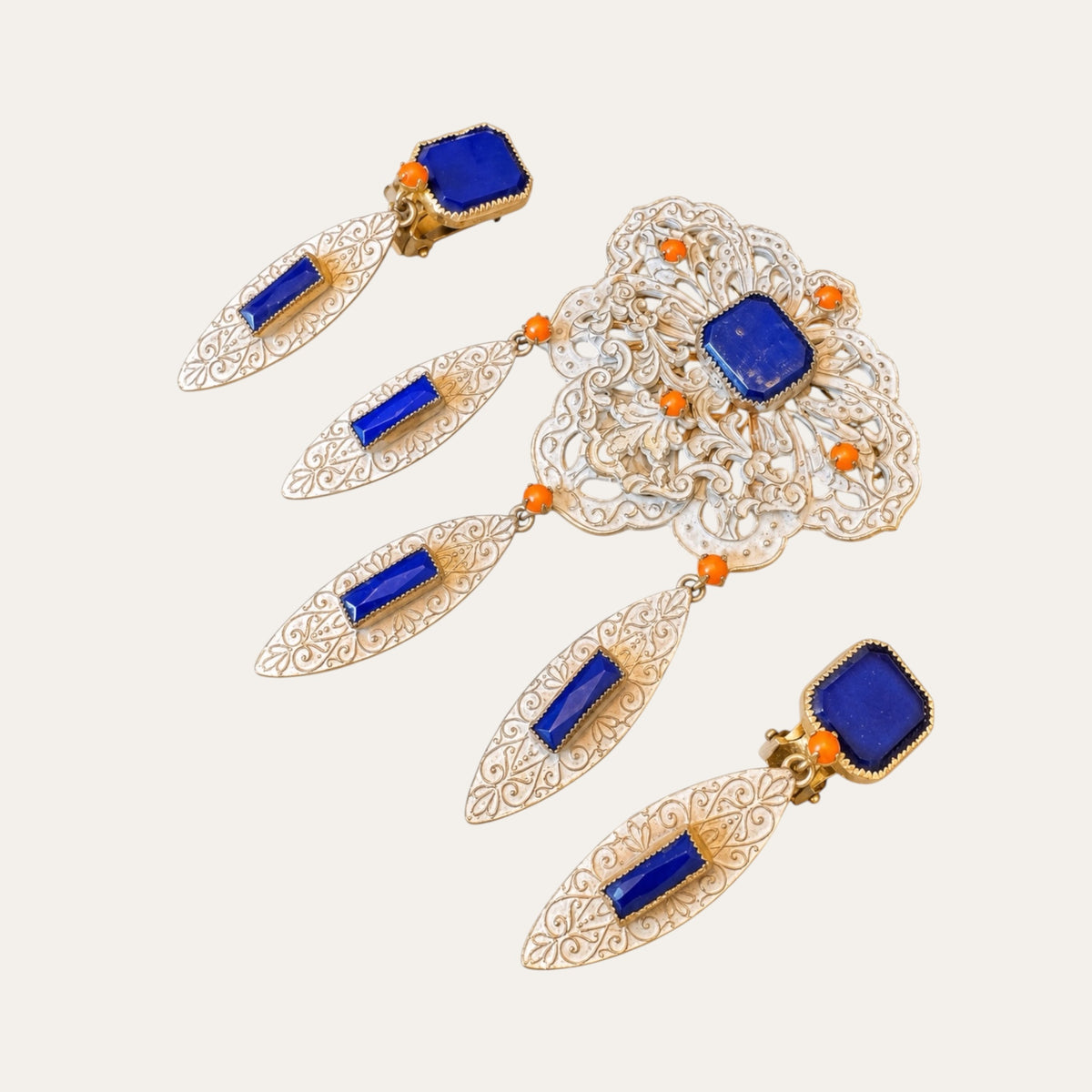 Alice Caviness 1950s Blue Glass & Filigree Brooch and Earrings Demi-Parure