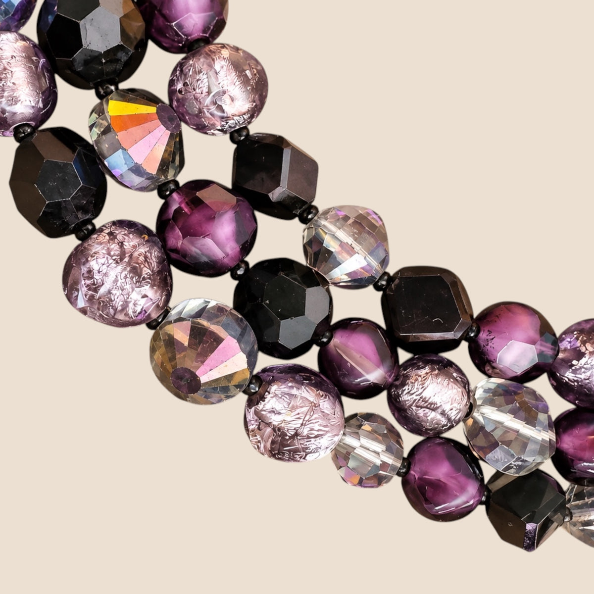 Vintage Hattie Carnegie Triple-Strand Amethyst Glass & Crystal Statement Necklace
