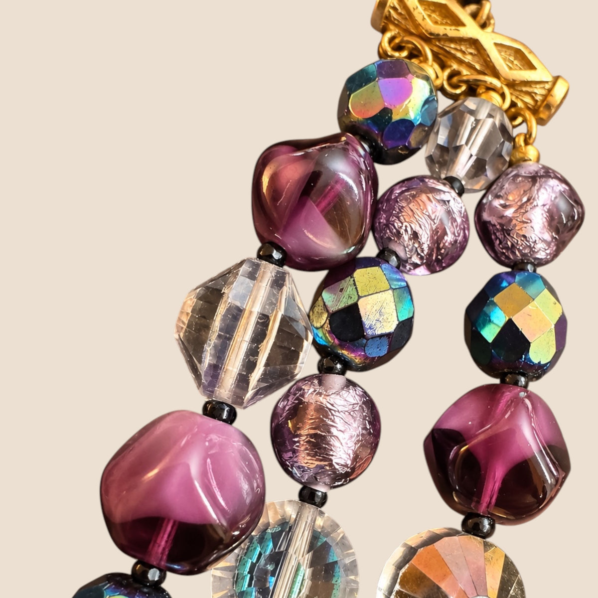 Vintage Hattie Carnegie Triple-Strand Amethyst Glass & Crystal Statement Necklace