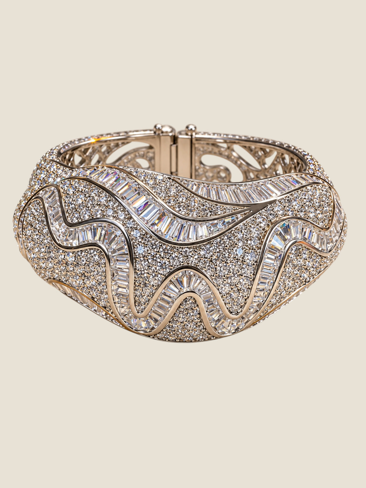 Vintage Platinum-Plated Stainless Steel Crystal Hinged Cuff Bracelet | Sculptural Baguette & Pavé Design