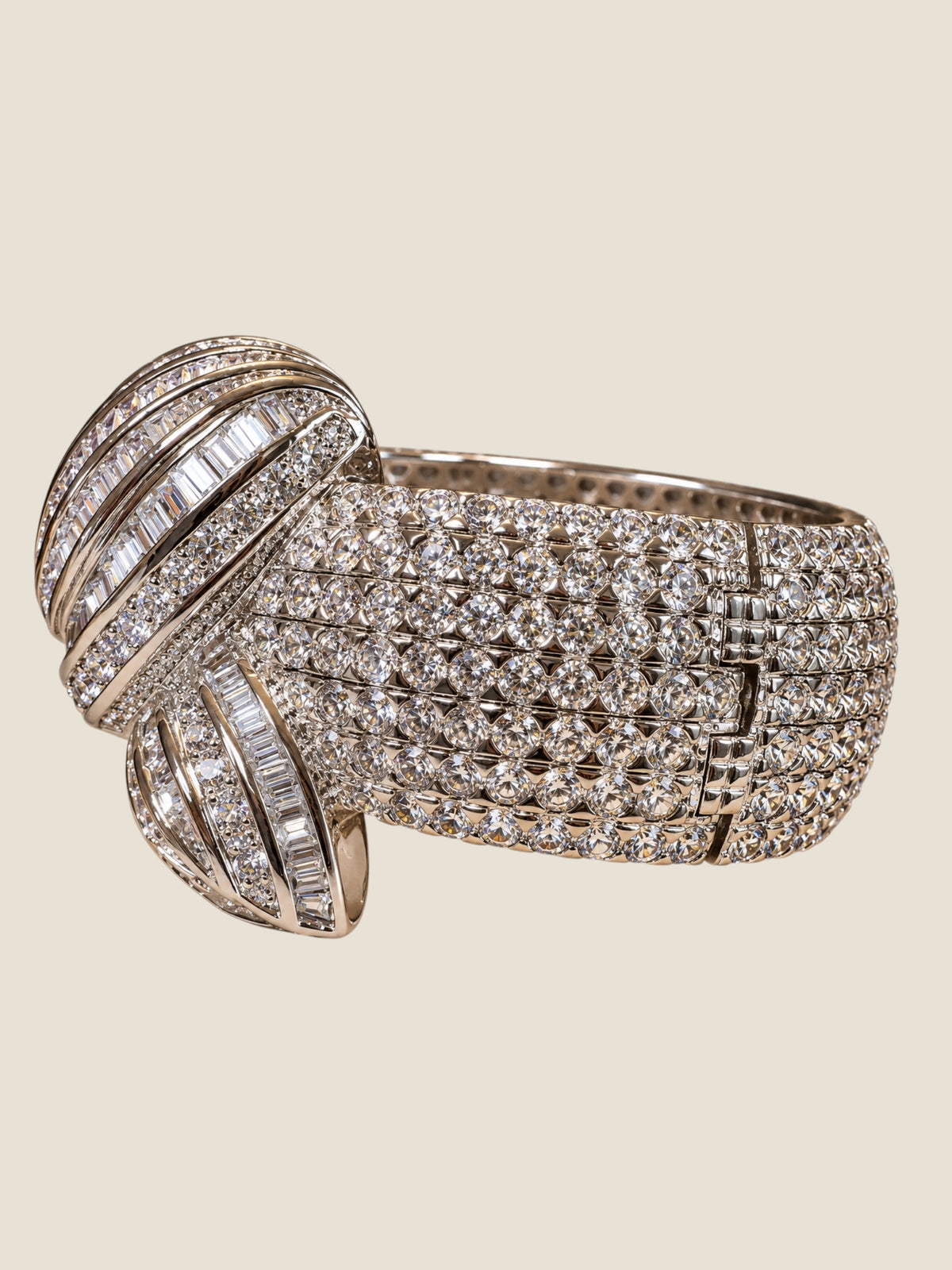 Vintage Platinum-Plated Stainless Steel Crystal Hinged Cuff Bracelet | Sculptural Leaf Design