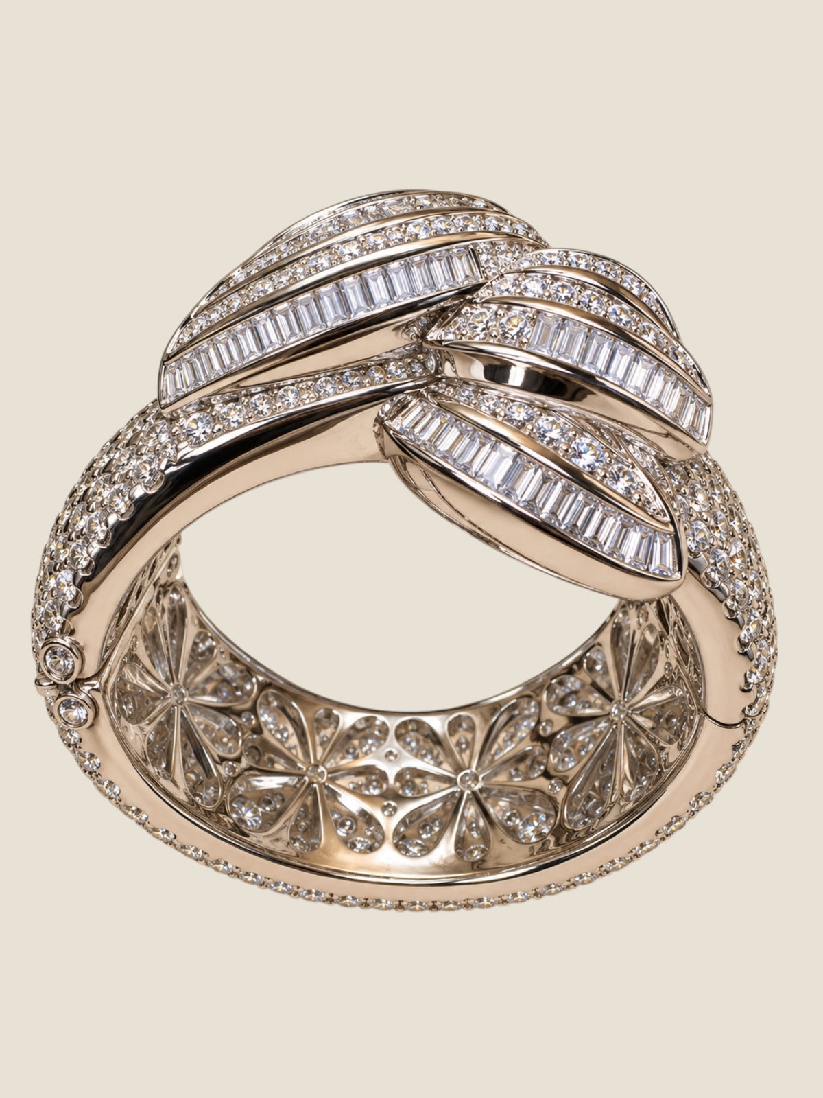 Vintage Platinum-Plated Stainless Steel Crystal Hinged Cuff Bracelet | Sculptural Leaf Design