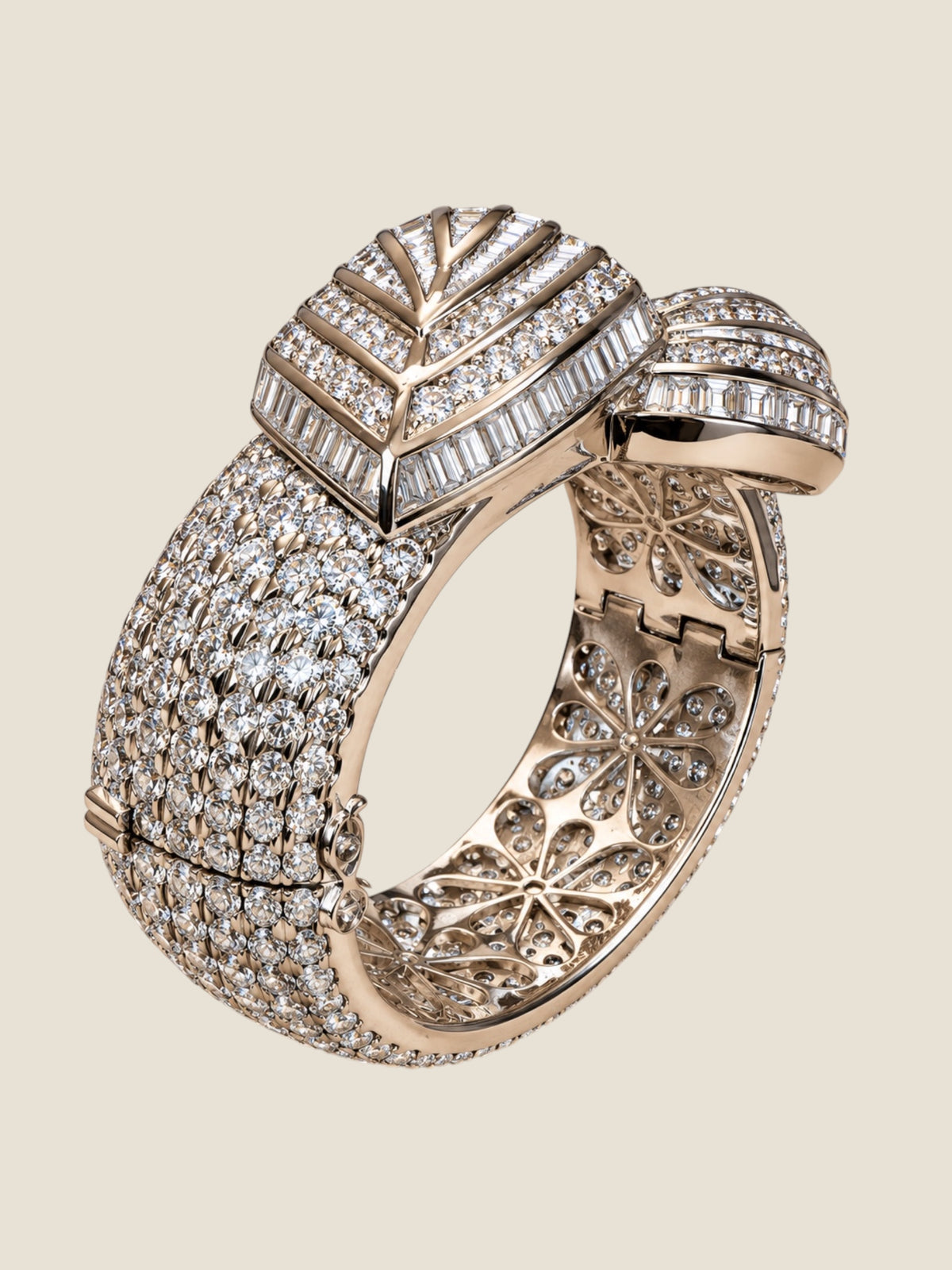 Vintage Platinum-Plated Stainless Steel Crystal Hinged Cuff Bracelet | Sculptural Leaf Design