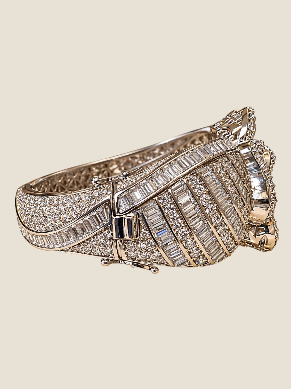 Vintage Platinum-Plated Stainless Steel Crystal Hinged Bangle Bracelet Sculptural Rose Design