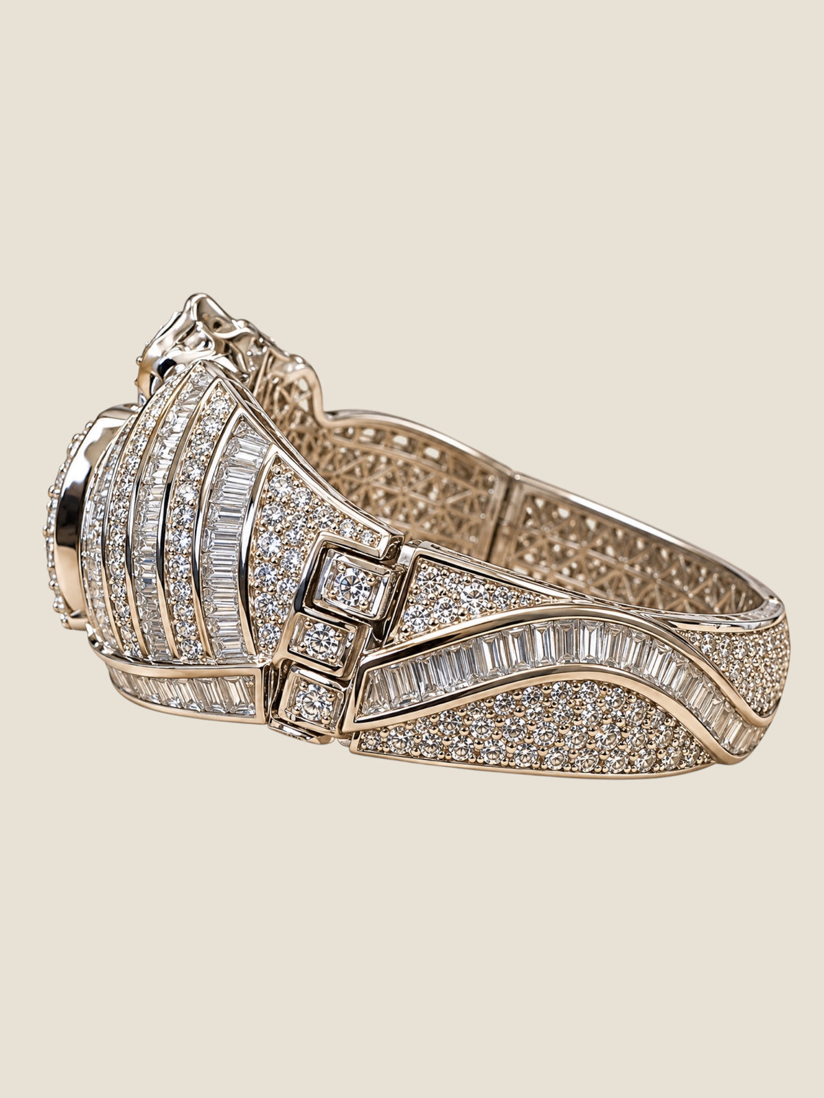 Vintage Platinum-Plated Stainless Steel Crystal Hinged Bangle Bracelet Sculptural Rose Design