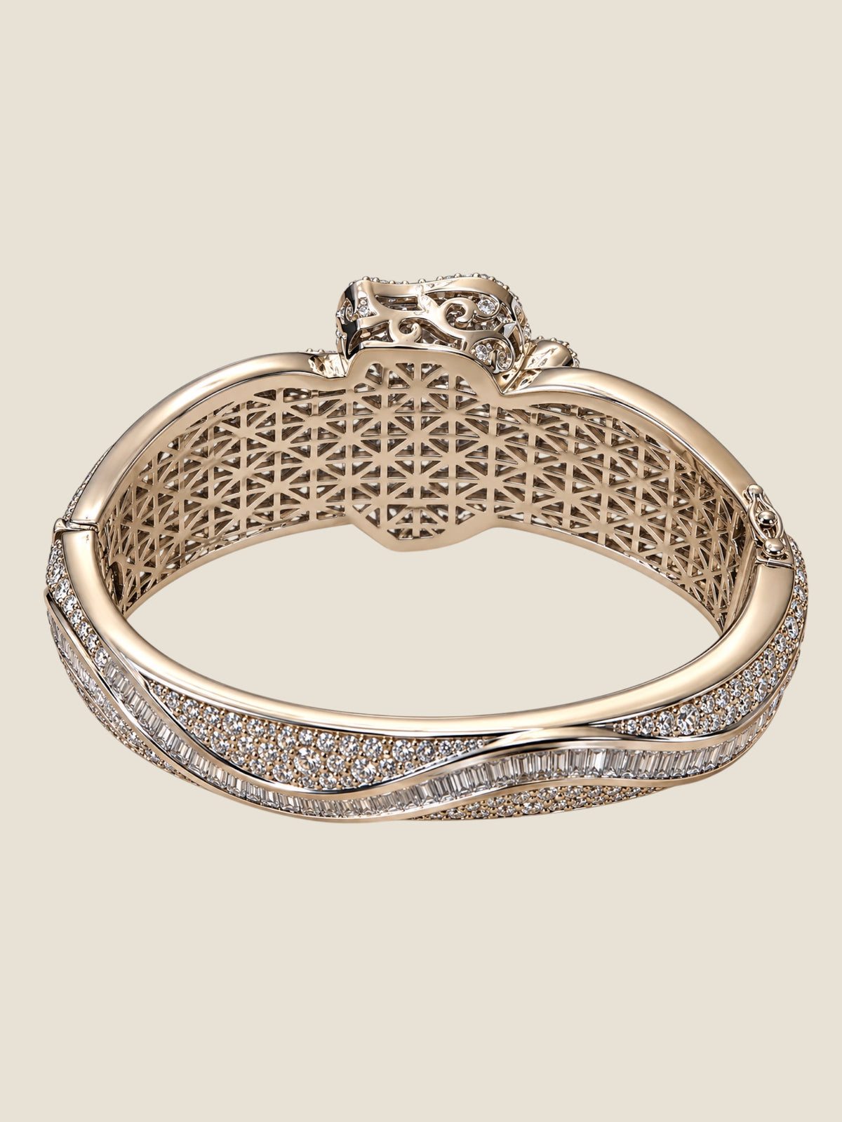 Vintage Platinum-Plated Stainless Steel Crystal Hinged Bangle Bracelet Sculptural Rose Design