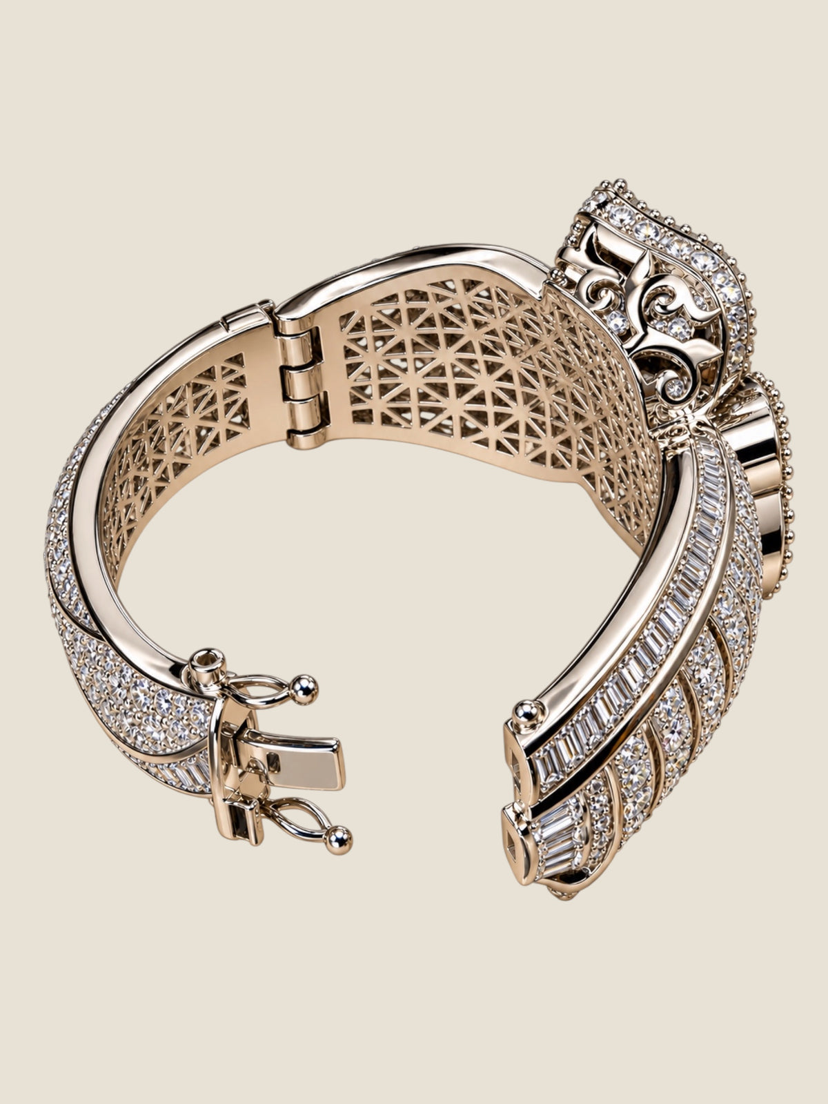Vintage Platinum-Plated Stainless Steel Crystal Hinged Bangle Bracelet Sculptural Rose Design