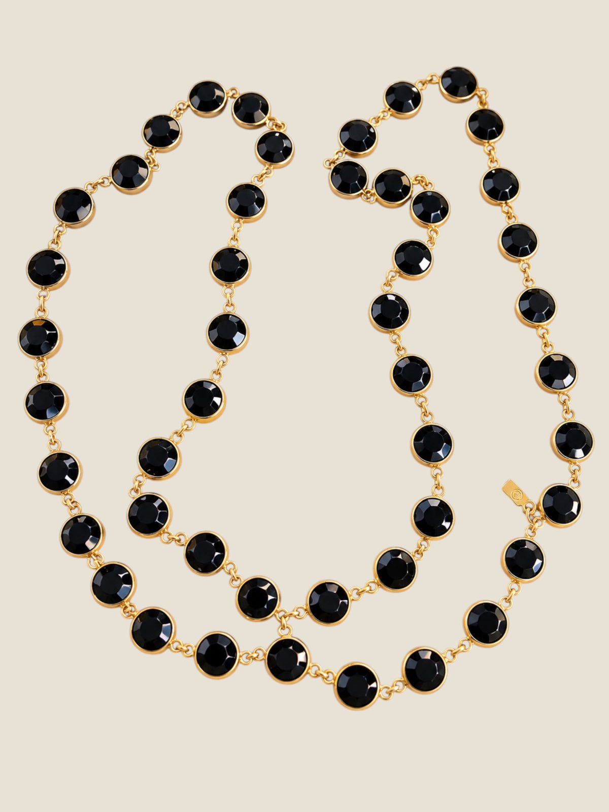 Vintage Signed Swarovski Jet Black Crystal Bezel-Set 36” Gold-Tone Necklace