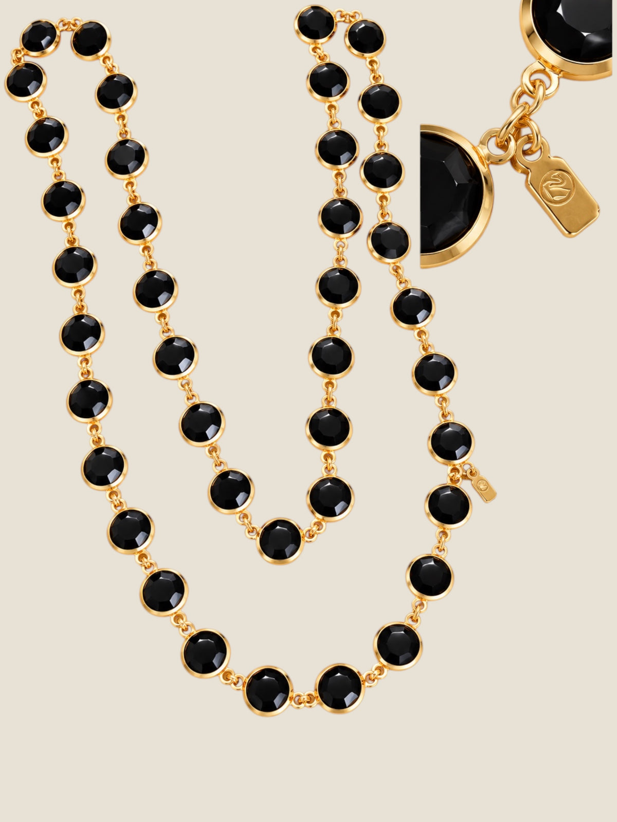 Vintage Signed Swarovski Jet Black Crystal Bezel-Set 36” Gold-Tone Necklace
