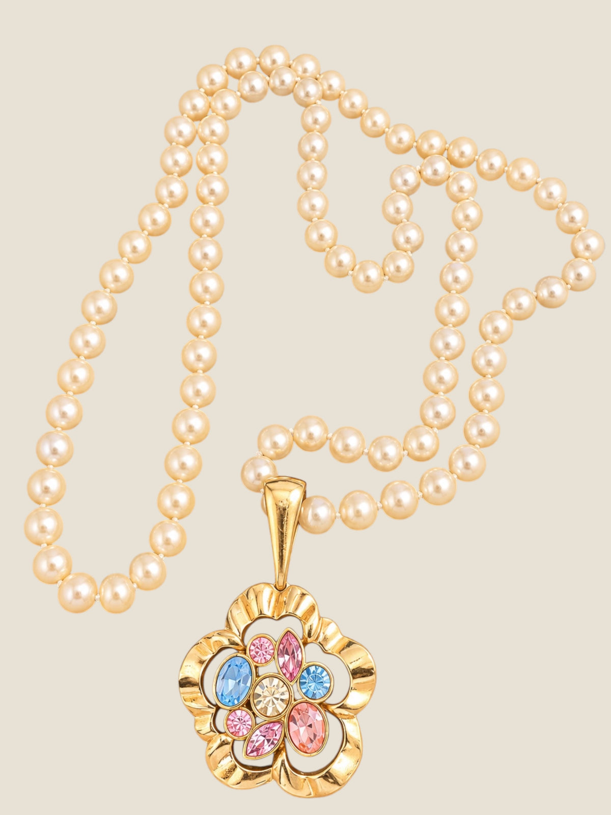 Vintage SAL Swarovski Pearl Necklace with Multicolor Crystal Floral Pendant