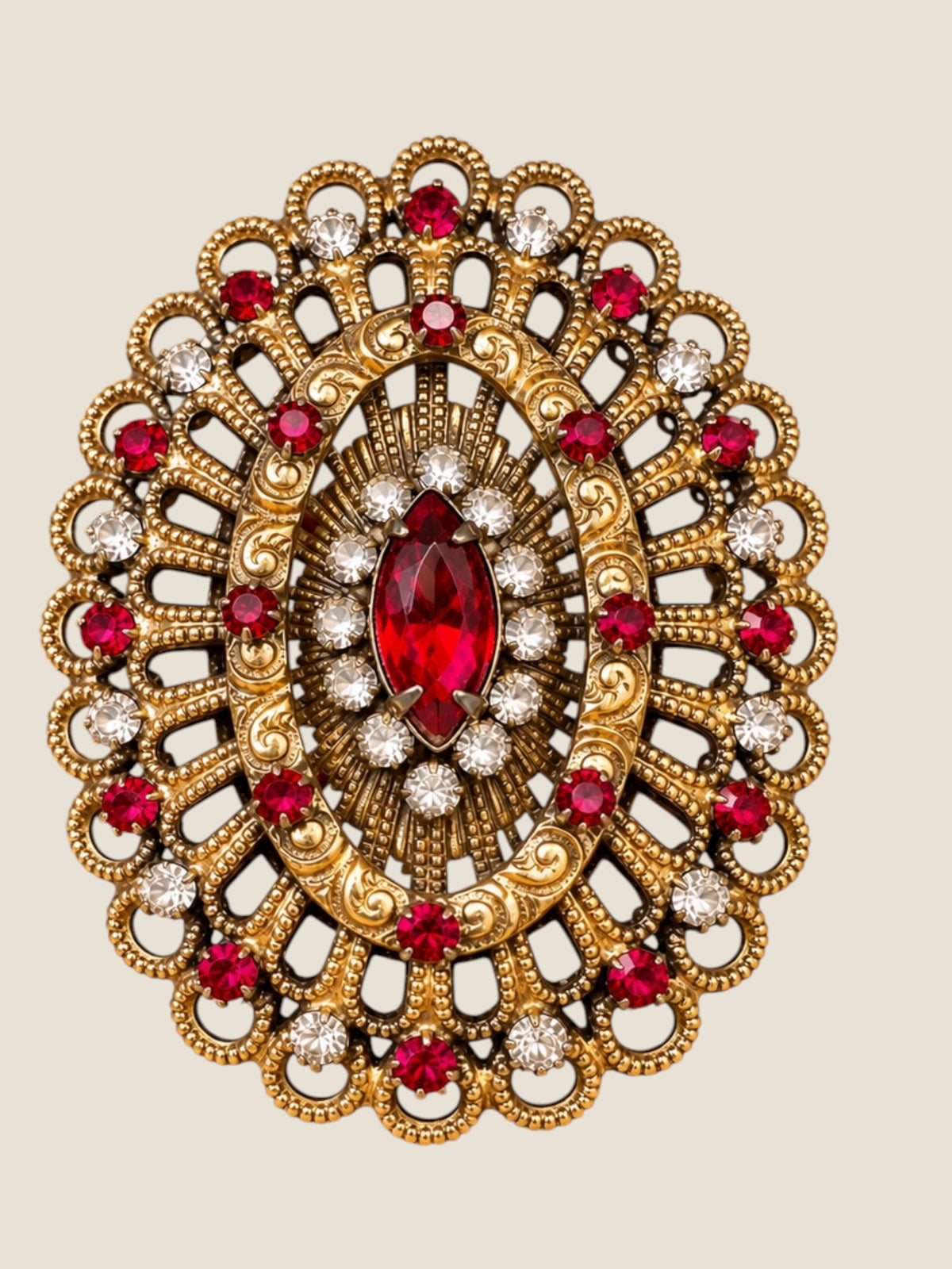Vintage HOBÉ Ruby Red Rhinestone Convertible Brooch Pendant | Gold-Tone Filigree