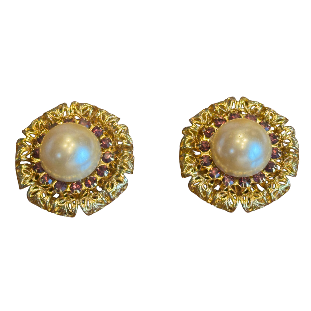 Vintage Gold Filigree Clip-On Earrings – Faux Pearl & Purple Crystal Accents