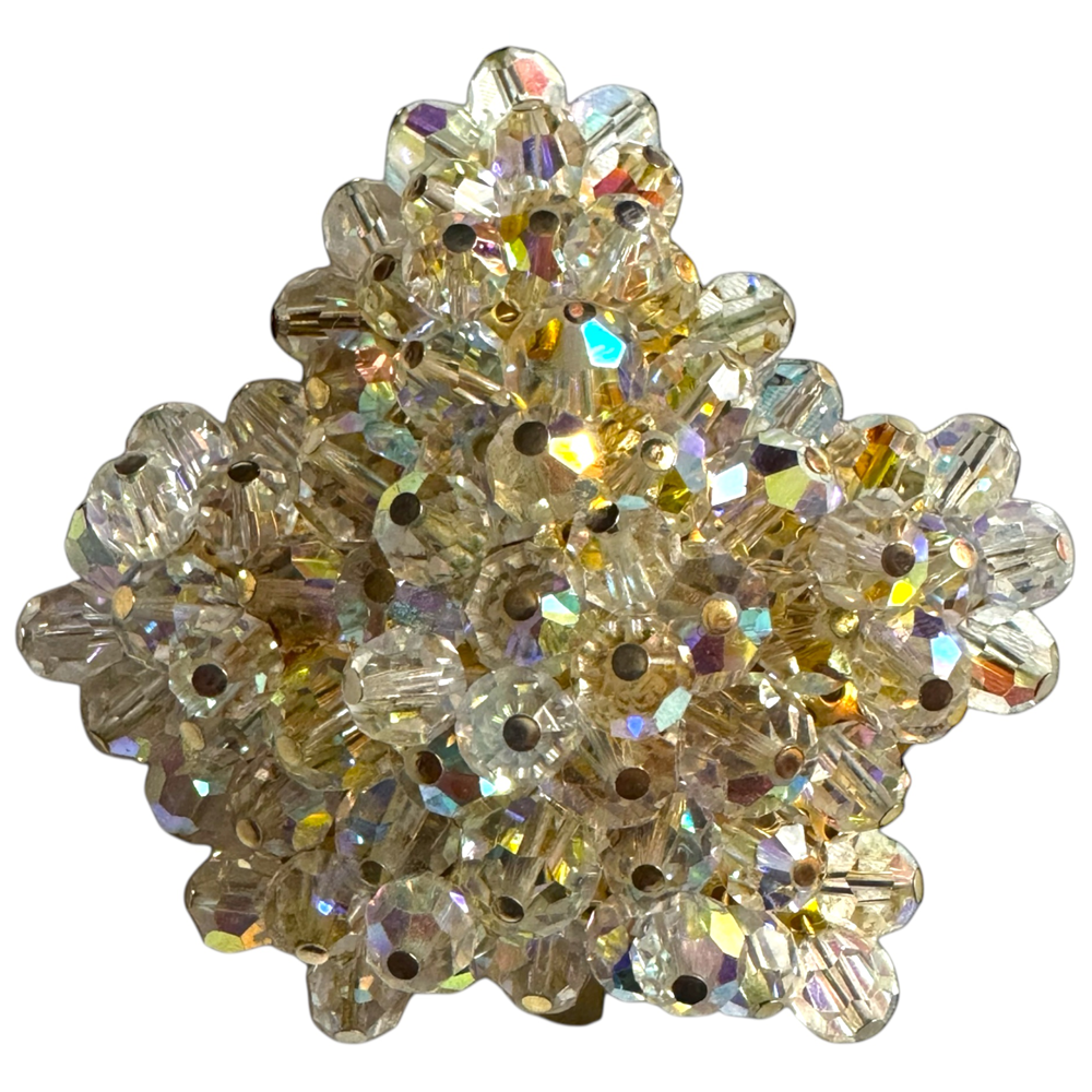 Vintage 1950s Aurora Borealis Crystal Maple Leaf Brooch – Gold-Tone Setting