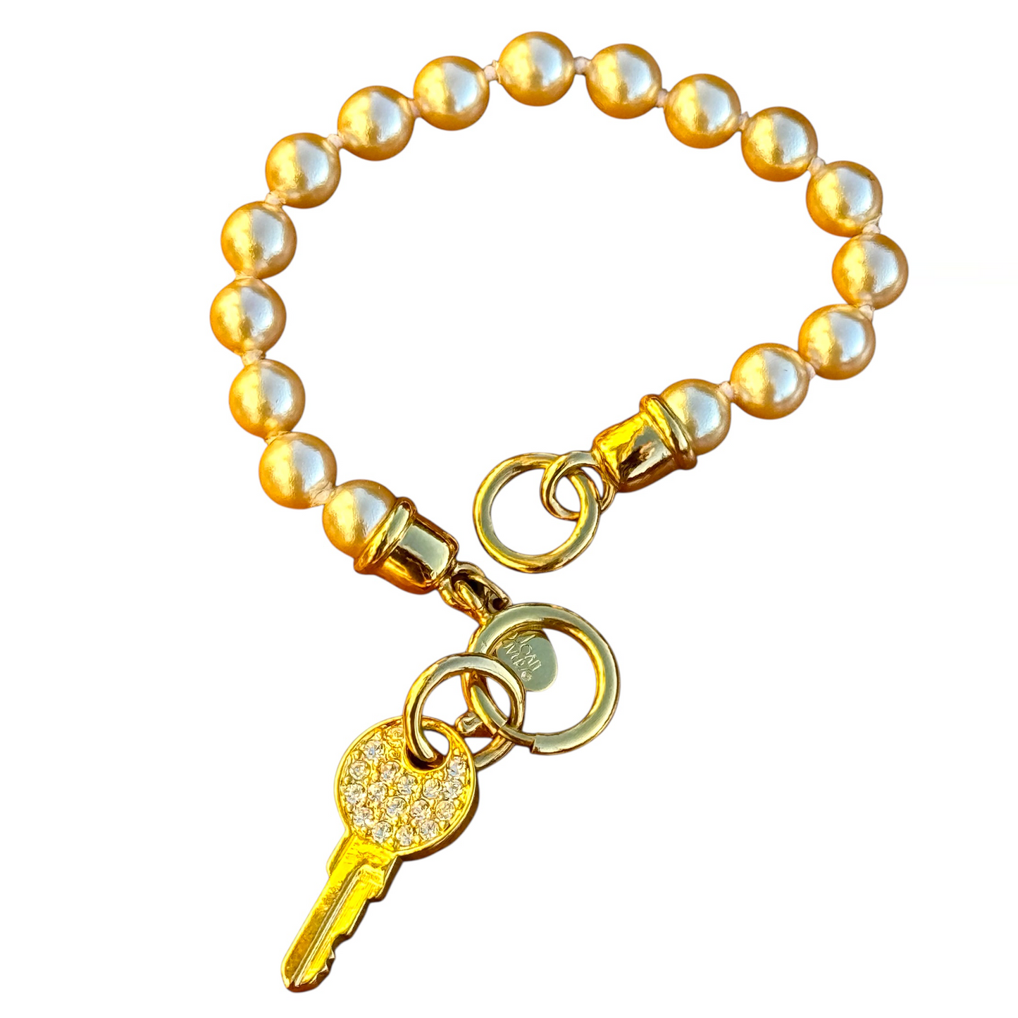 Vintage 1990s Joan Rivers Faux Pearl Charm Bracelet – Gold-Tone Rhinestone Key Pendant
