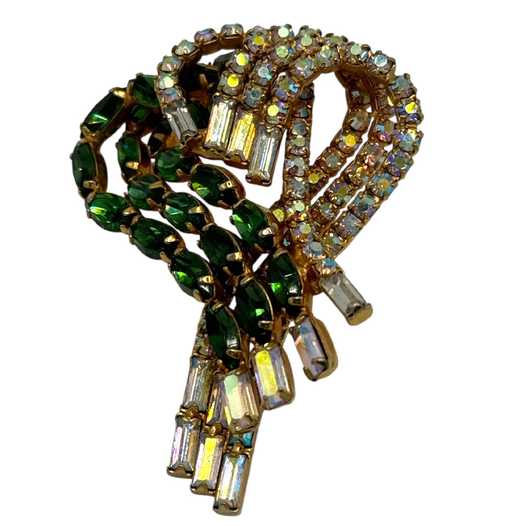 Mid-Century Emerald & Aurora Borealis Rhinestone Swirl Brooch – Unsigned Hobé Style