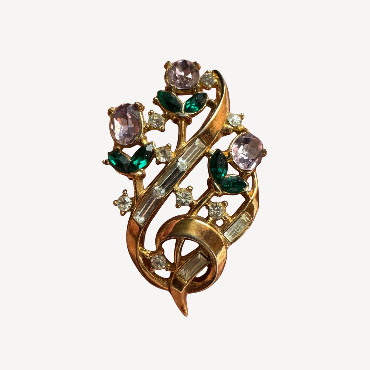 Rare 1950s Trifari Alfred Philippe Flower Bouquet Brooch – Pat. Pending Gold-Tone with Lavender, Green & Clear Rhinestones