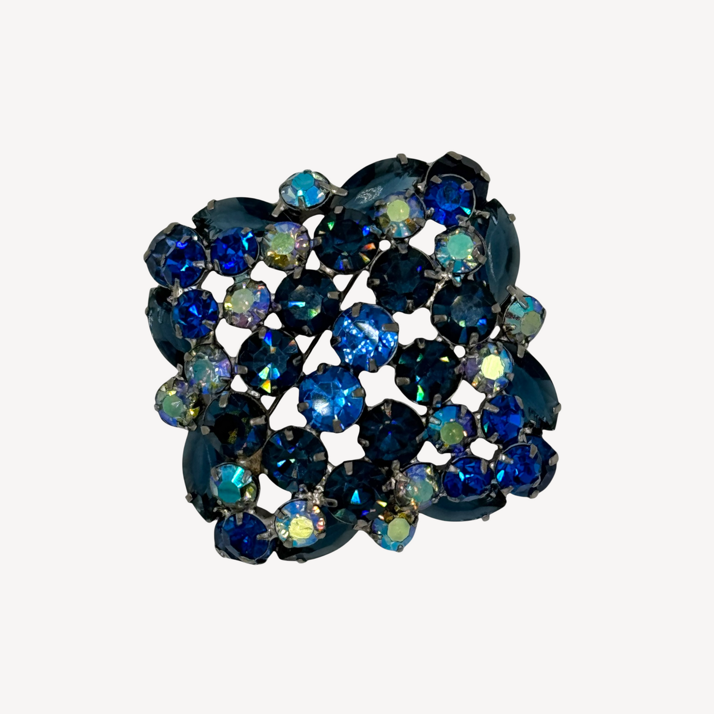 Vintage 1960s Sapphire Blue Aurora Borealis Domed Rhinestone Brooch | Layered Mid-Century Statement Jewelry