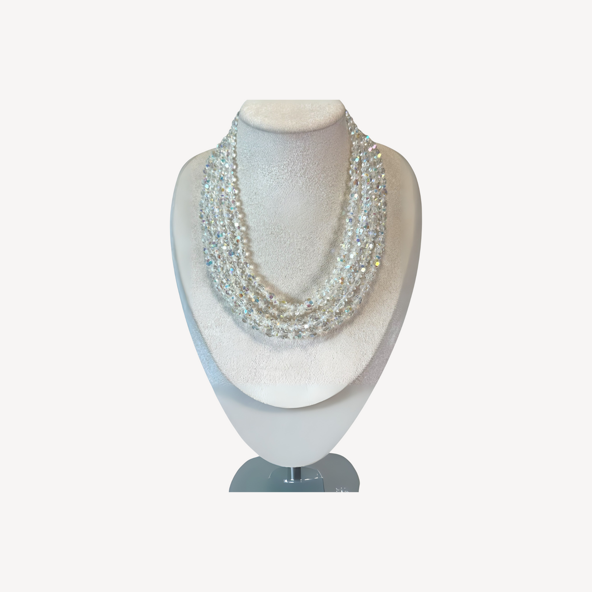 Vintage Five-Strand Aurora Borealis Crystal Necklace – Signed Made in Austria, Mid-Century Statement Jewelry