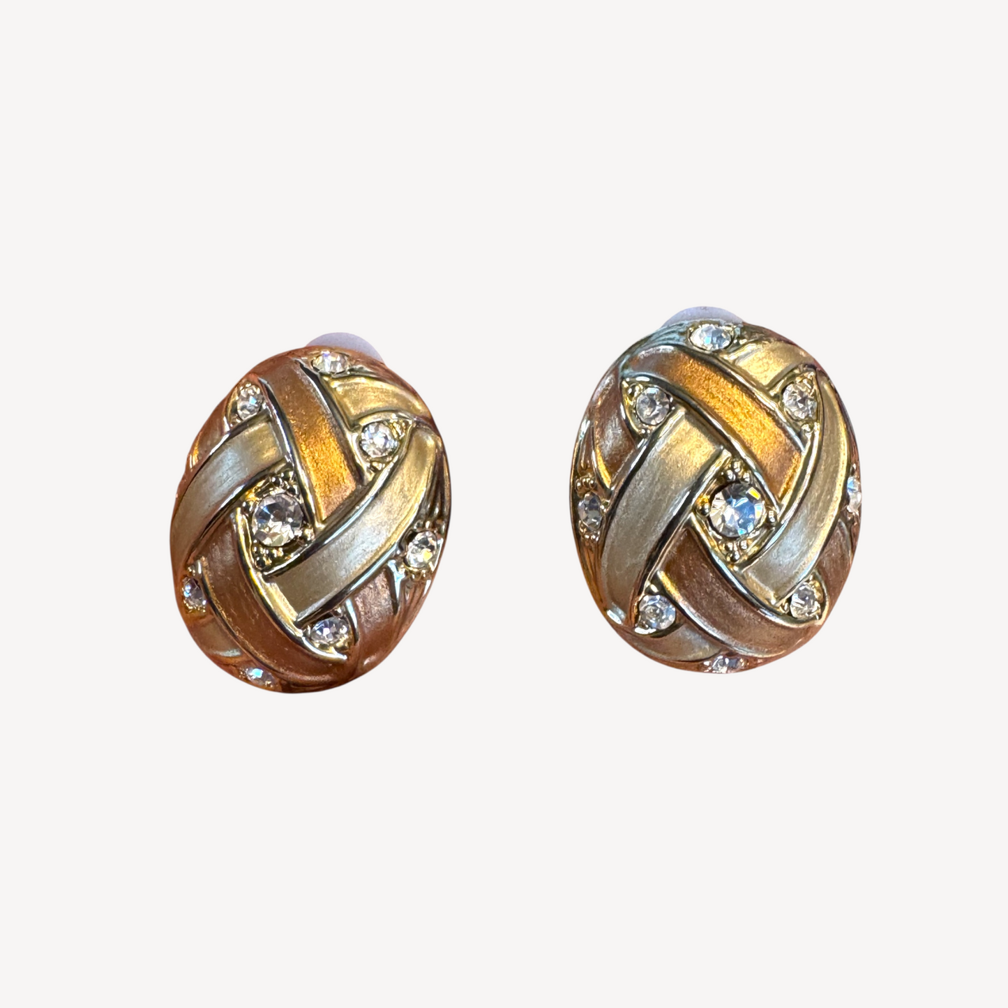 Vintage 1990s Carucci Brushed Gold & Rose Gold Oval Clip-On Earrings with Rhinestones