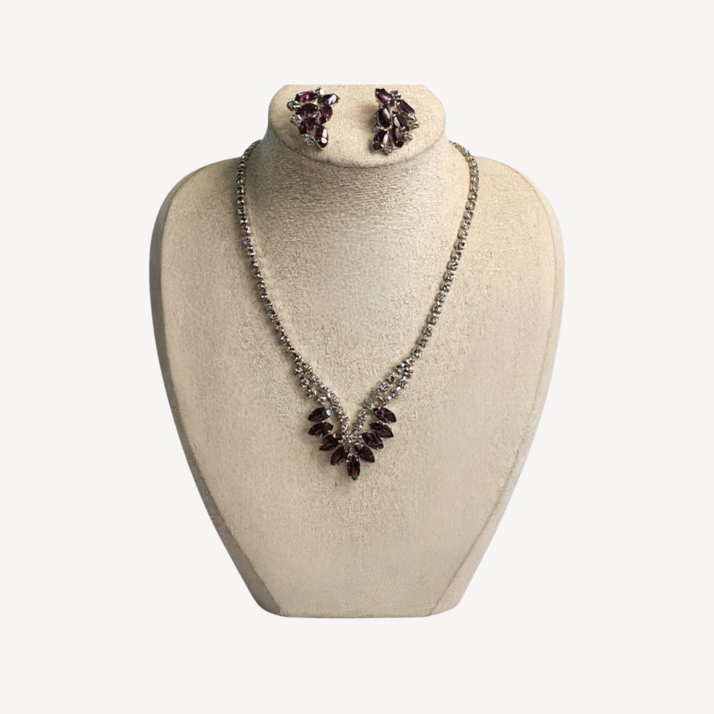Vintage B. David Necklace & Earrings Set – Amethyst Marquise Rhinestones & Clear Crystals