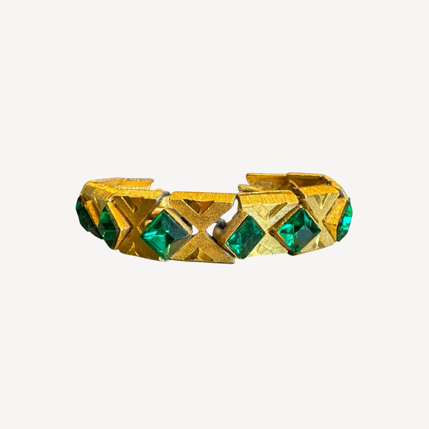 Vintage Czech-Style Articulated Bracelet – Brushed Gold with Emerald Green Glass Stones