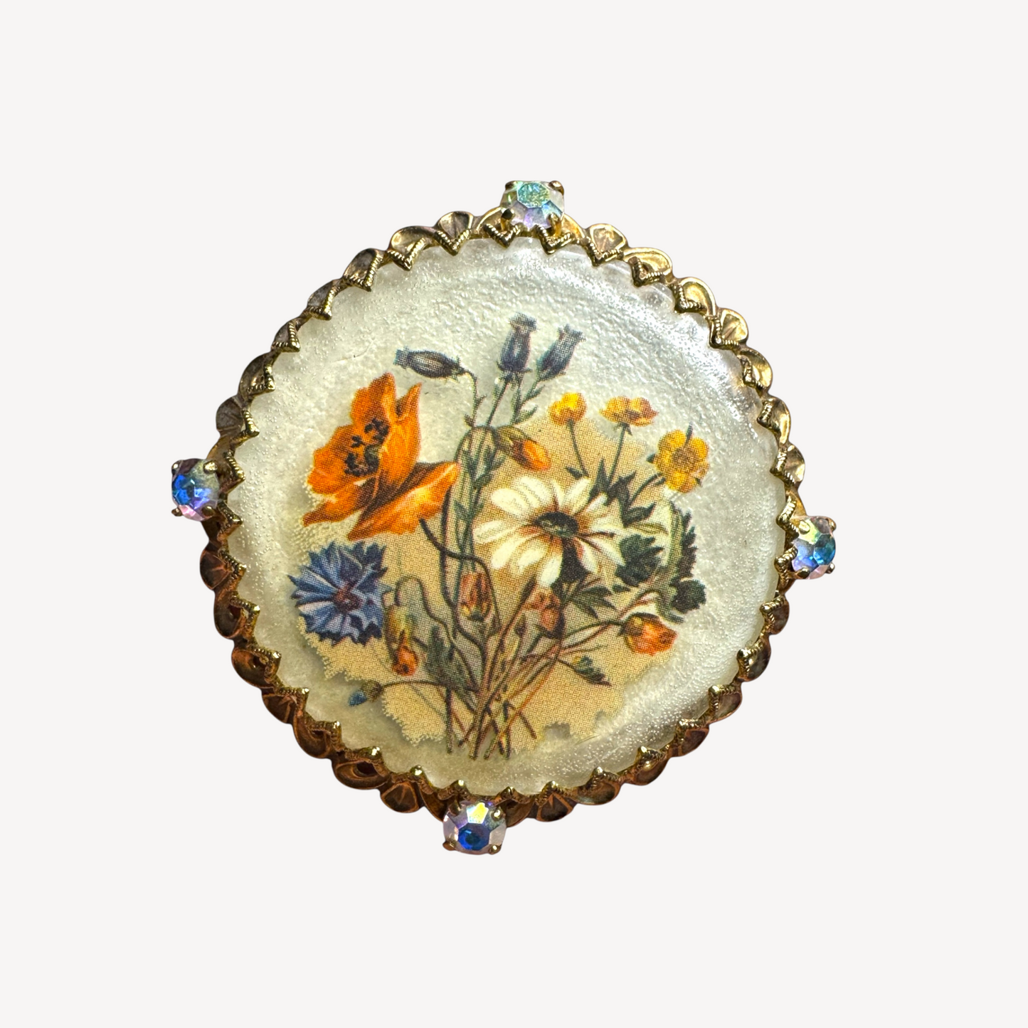 Vintage German Floral Lucite Brooch with AB Rhinestones – Filigree Brass