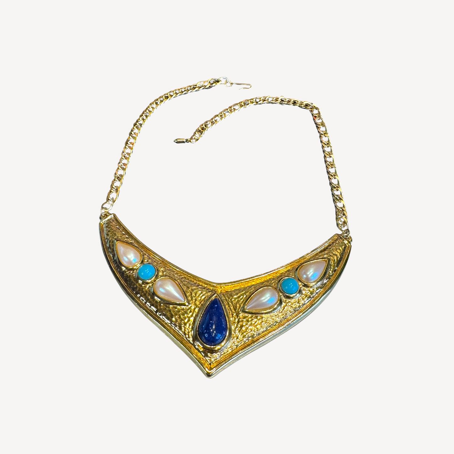 1970s Avon Etruscan Revival Collar Necklace – Gold-Tone V Design with Faux Pearls, Turquoise & Blue Cabochons