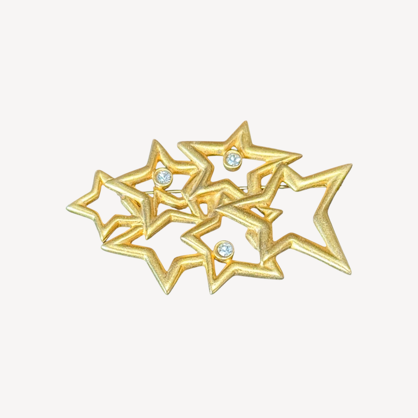 Vintage Anne Klein Star Cluster Brooch with Rhinestone Accents – Gold Tone Openwork