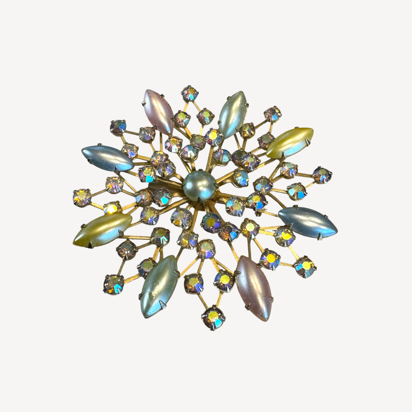 Vintage 1950s Aurora Borealis Starburst Brooch – Pastel Navette Glass & Rhinestones