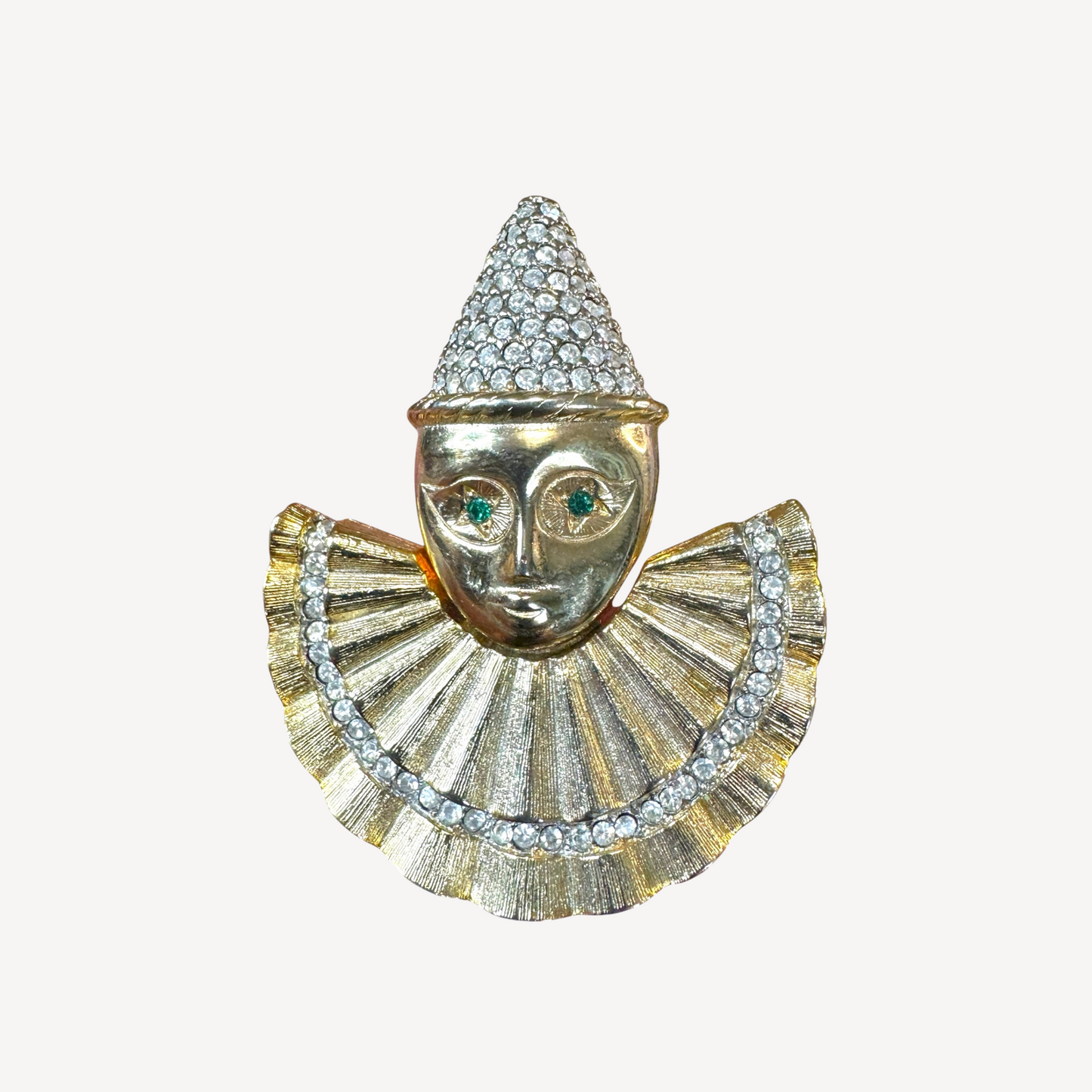Vintage Harlequin clown rhinestone brooch – pavé Pierrot face pin with emerald green eyes, 1980s–1990s figural costume jewelry