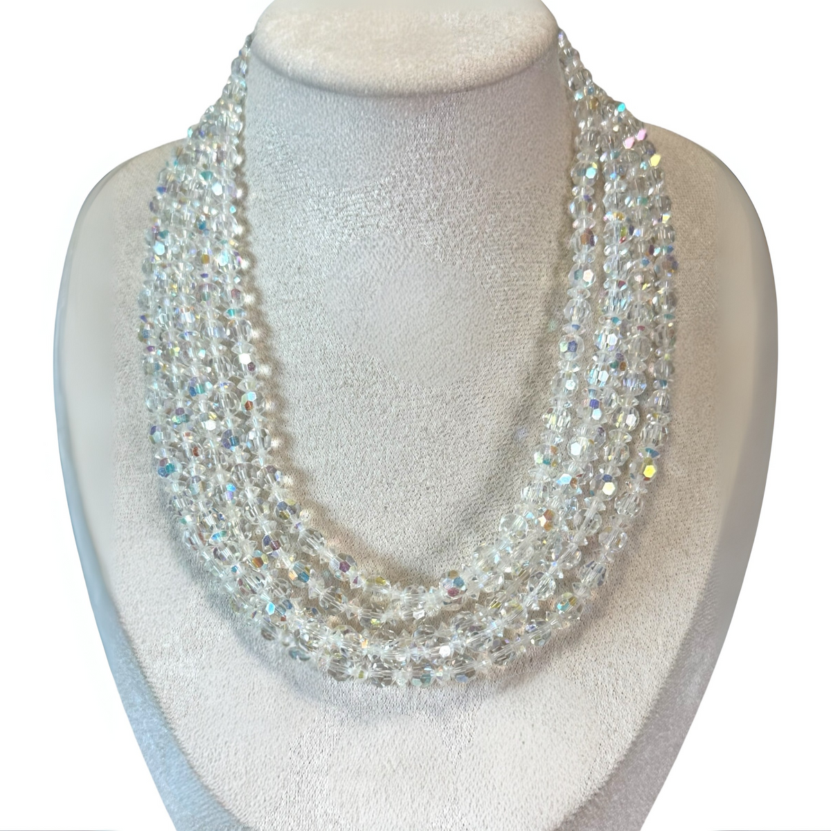 Vintage Five-Strand Aurora Borealis Crystal Necklace – Signed Made in Austria, Mid-Century Statement Jewelry