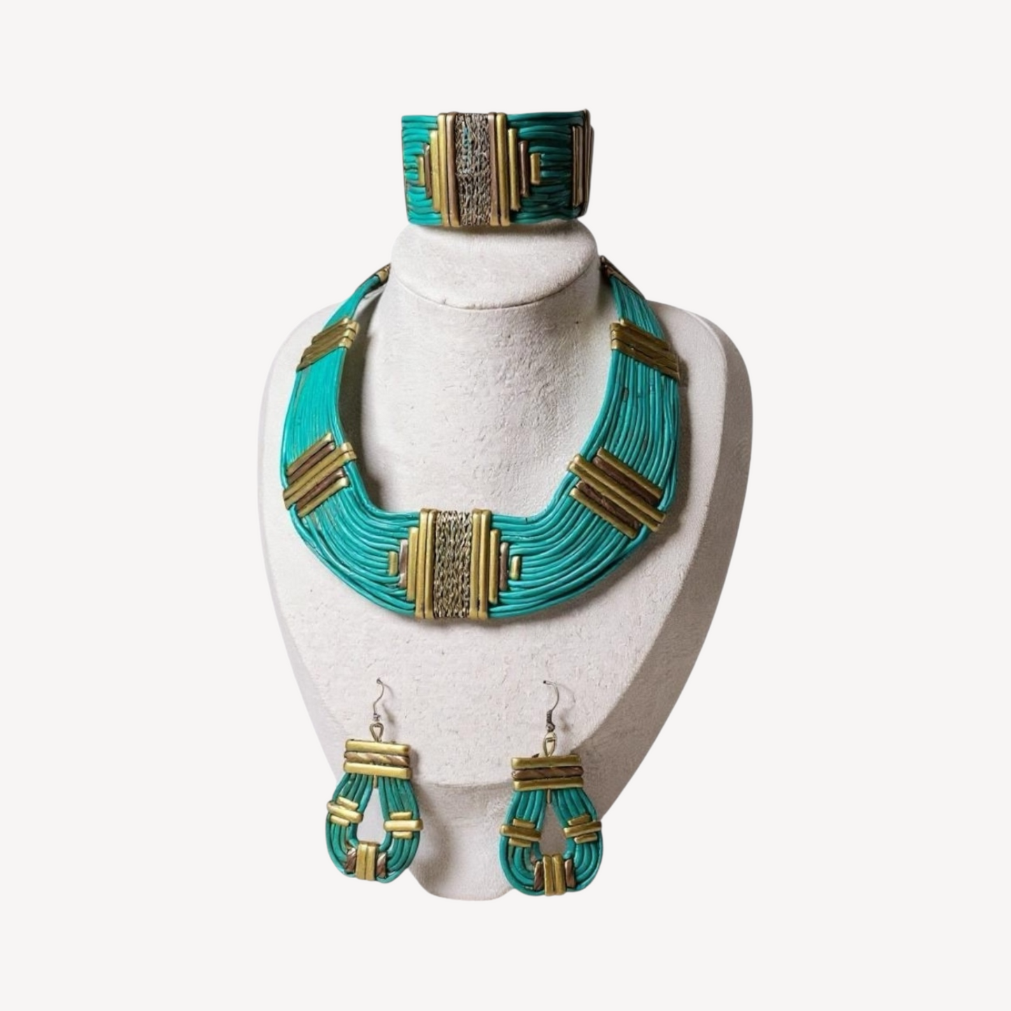 Vintage Alexis Kirk leather and brass jewelry set – statement choker, cuff, and earrings, rare 1980s collectible