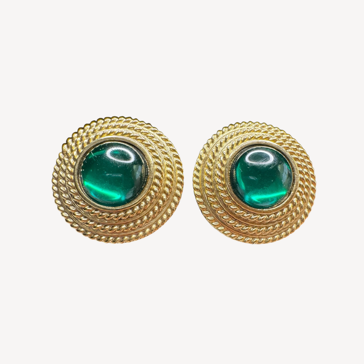 Vintage Joan Rivers Clip-On Earrings – Chunky Gold-Tone Braided Button with Green Cabochon