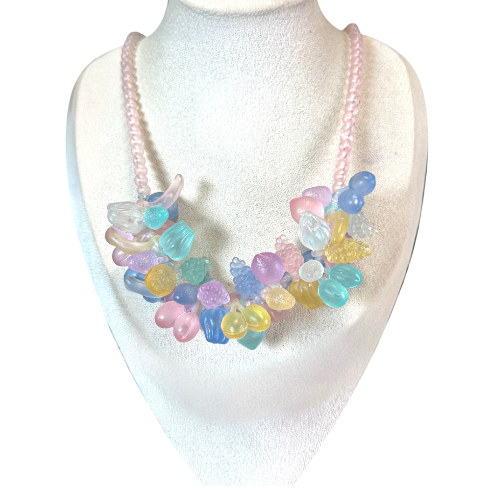 Vintage 1950s fruit salad necklace – frosted pastel plastic fruit clusters on pink beads