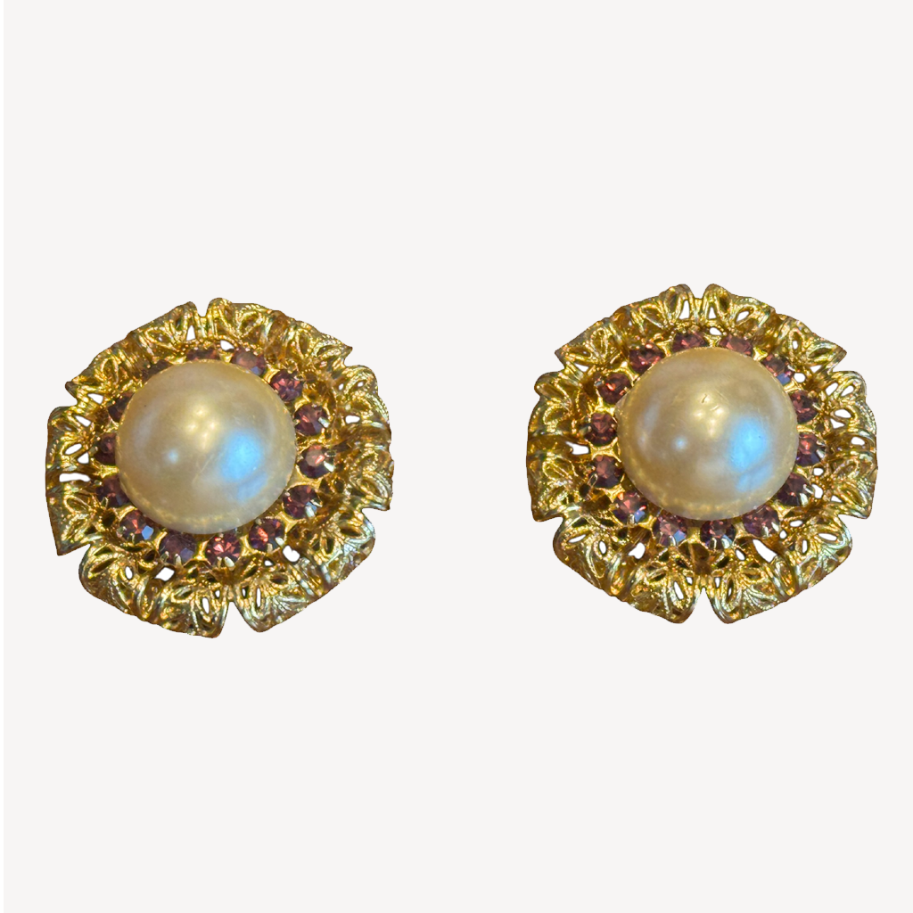 Vintage Gold Filigree Clip-On Earrings – Faux Pearl & Purple Crystal Accents