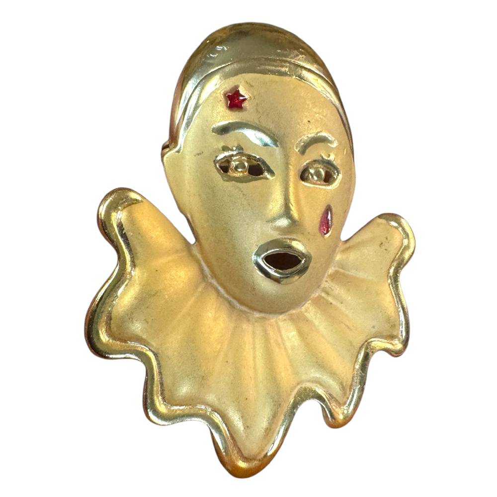 Vintage 1980s Pierrot clown brooch – gold tone sad clown pin with enamel star & teardrop, art deco revival